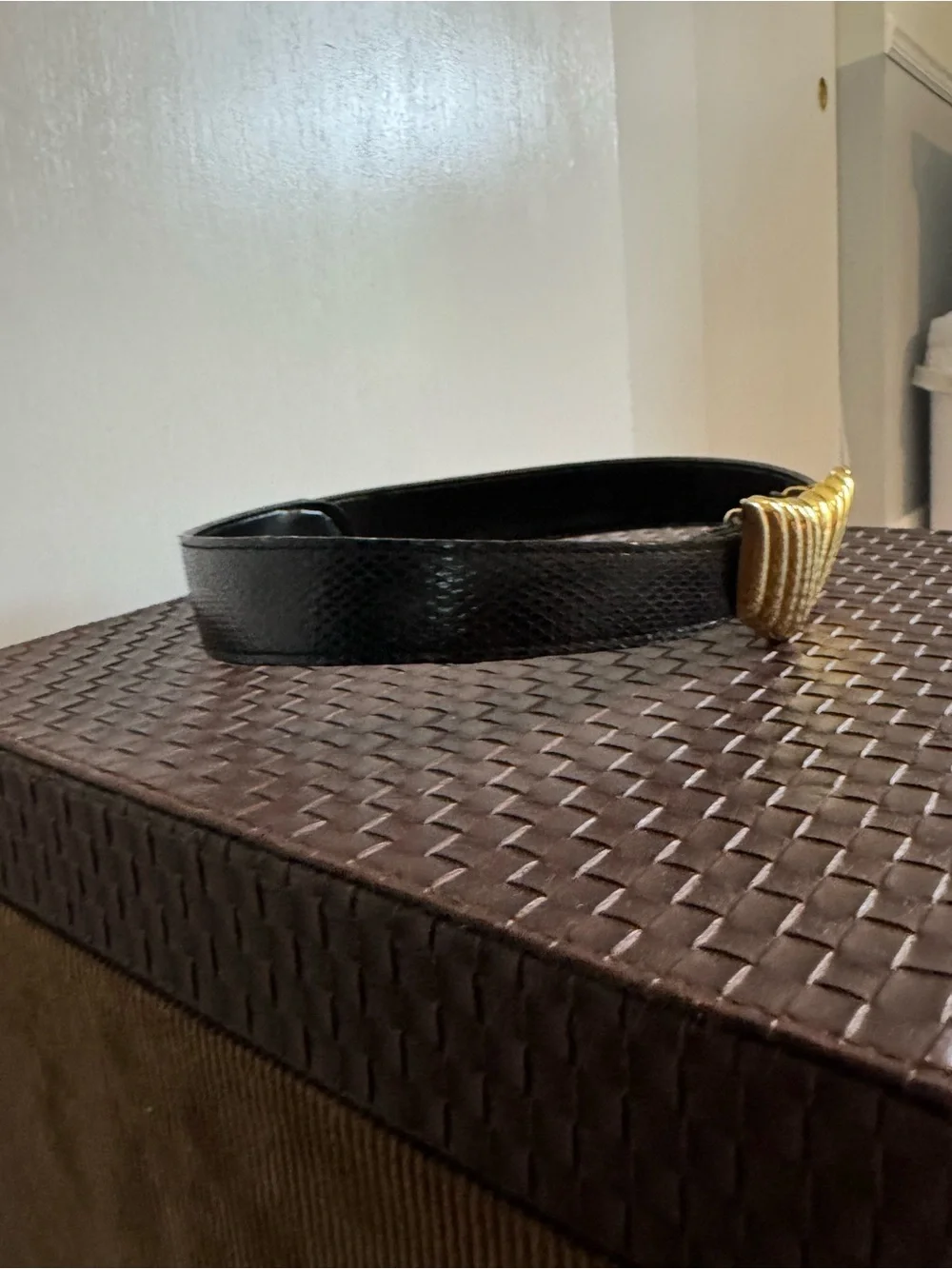Women's Black Genuine Snakeskin Leather Belt with Gold Sculpted Buckle